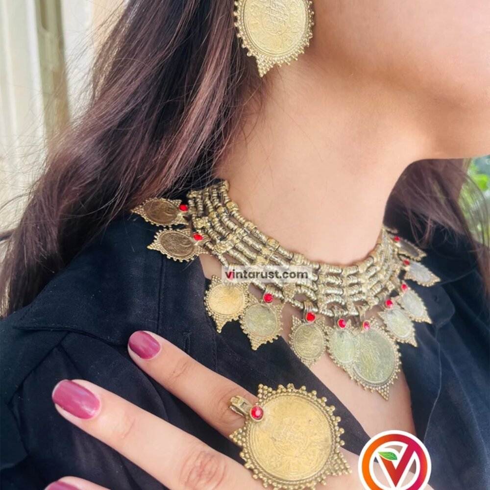 Afghan Coin Jewelry Set: Vintage Kuchi Necklace, Earrings & Ring